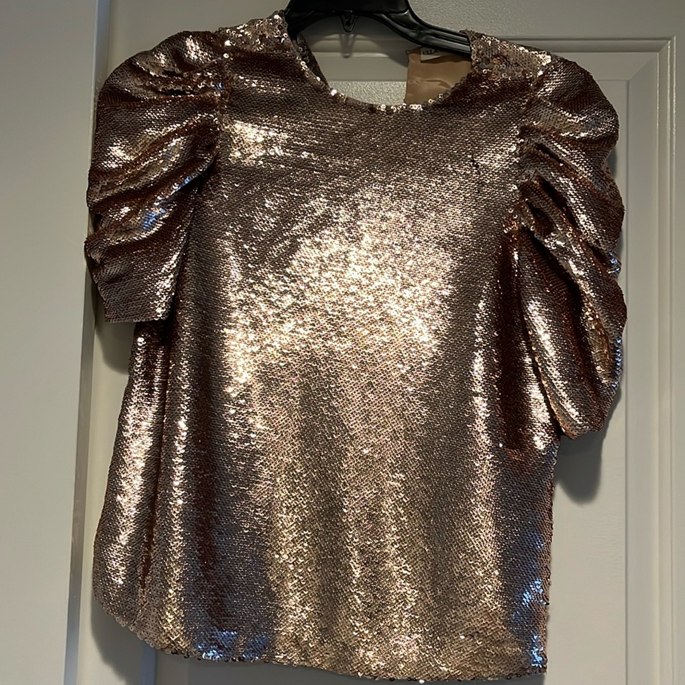 ULLA JOHNSON. Gold sequin puff sleeve top. Size 2. Like new
